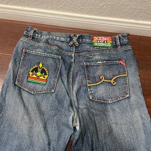LRG Lifted Research Group Embroidered Denim Blue Jeans King Of Kings sz 38 Waist